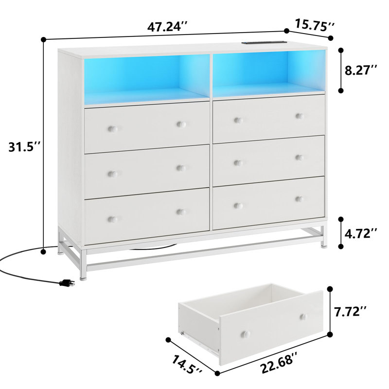 Commode 6 tiroirs avec lumière DEL, Blanc