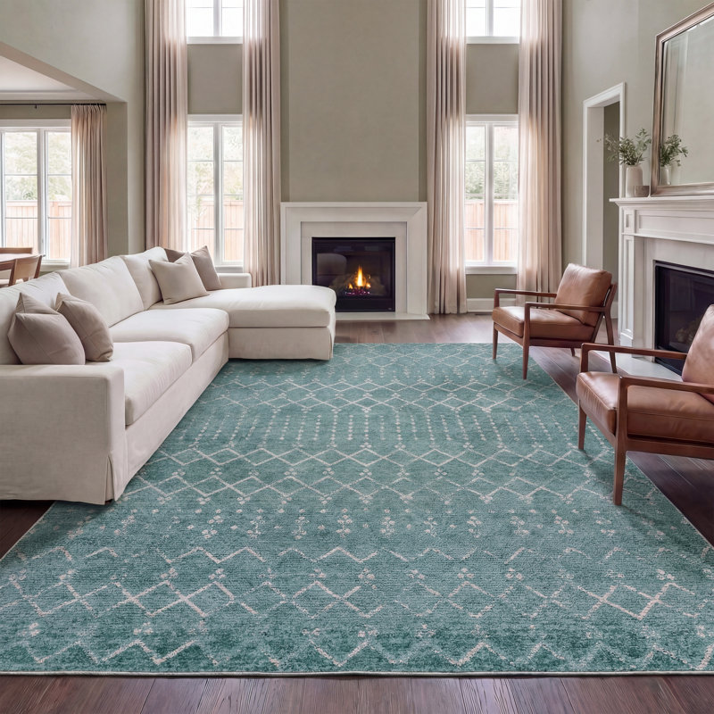 Leila Moroccan Diamond Trellis Machine-Washable Rug, Rectangle 4' x 6', Teal/Ivory