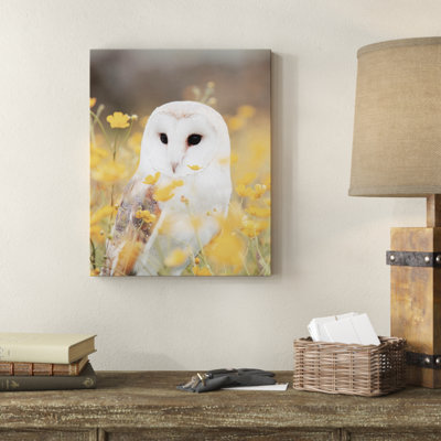 «Barn Owl in Yellow Floral Field», reproduction de photo sur toile