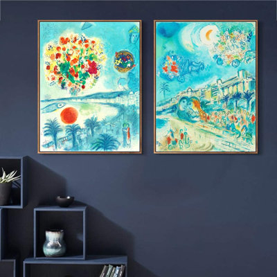 Framed Canvas Giclee Print Art Combo Painting 2 Pieces by Marc Chagall Wall Art Series#2 Living Room Home Office Decorations(Wood Colour Slim Frame,24"x32"Each Piece)