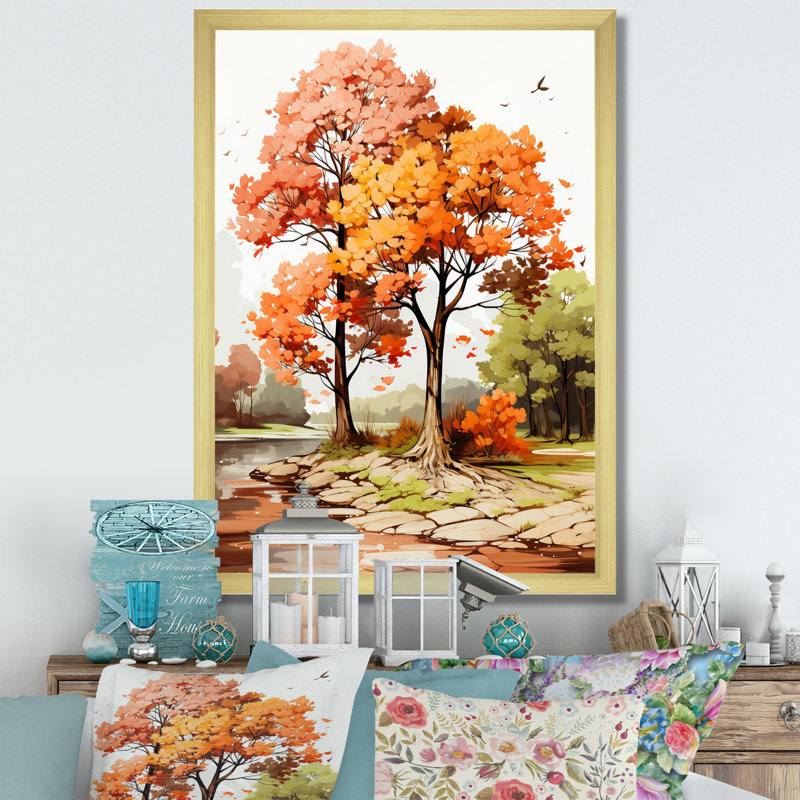 " Two Orange Trees In Autum Watervolor ", 32" H x 16" W x 1" D, Gold Single Picture Framed