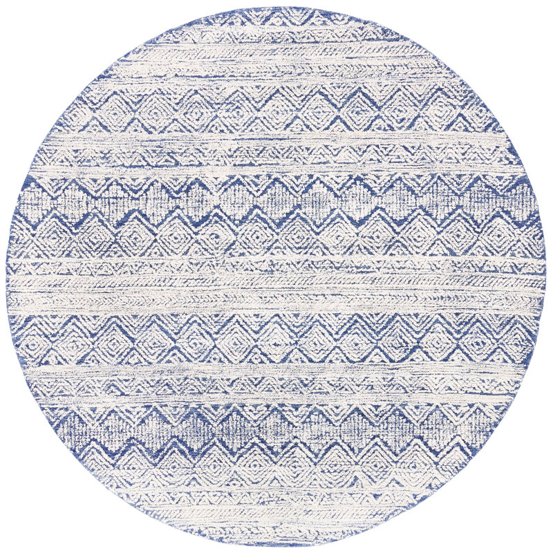 Abstract Hand Tufted Wool/Cotton Geometric Rug in Ivory/Blue, Round 6'