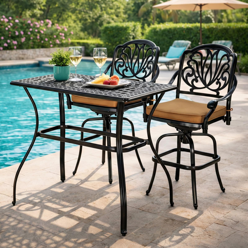  3-Piece Outdoor Swivel Bar Stools Set, All Weather Cast Aluminum Patio Bar Height Bistro Set With 2 Cushioned Bar Chairs & 41.98" X 23.98" Rectangular High Bar Table For Deck, Garden & Poolside