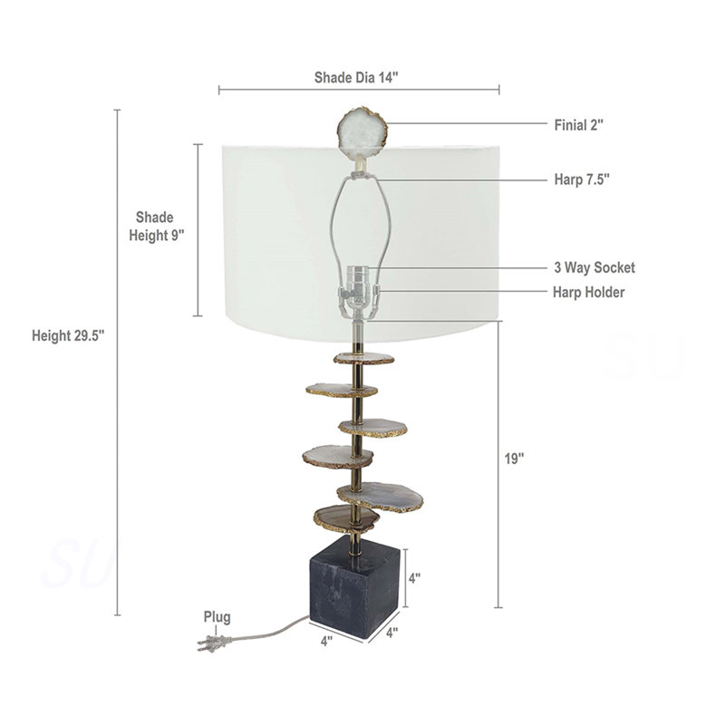 D14x29.5" Smoke Agate-Slice Table Lamp W/ Marble Base