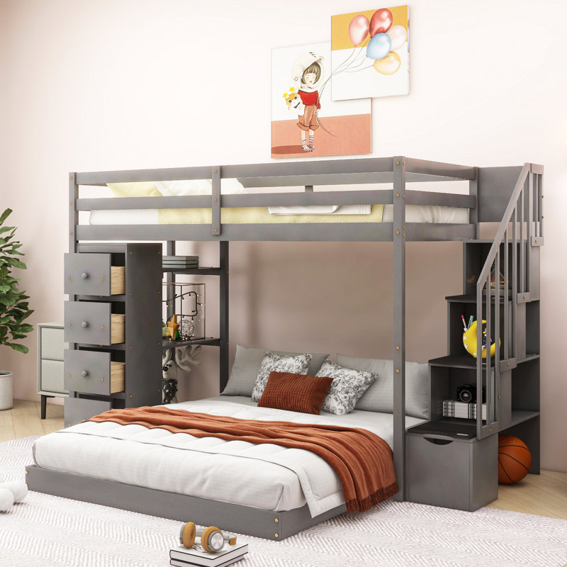 Bunk Bed With 3-Layer Shelves, Drawers And Storage Stairs