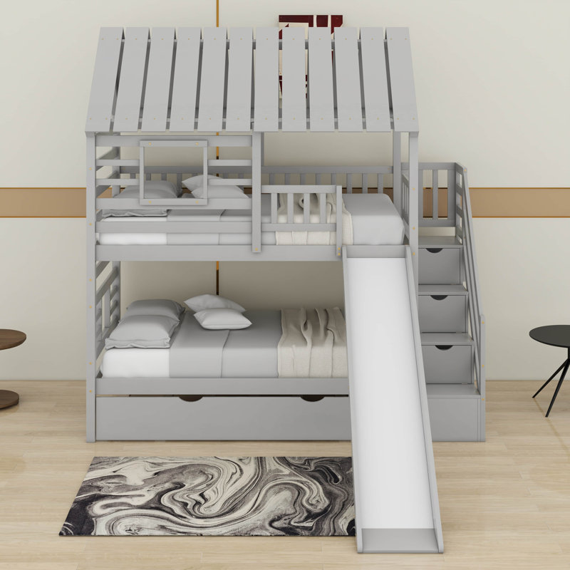 Twin Over Twin Bunk Bed With Trundle, Gray