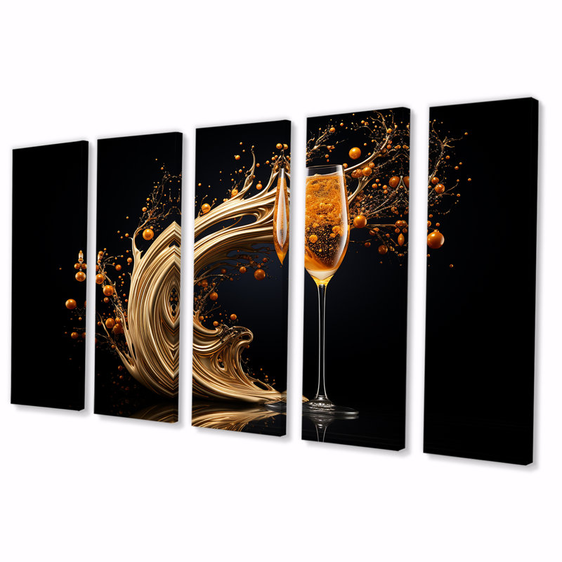 «Champagne Spiral Glass Gold Splash» - Champagne, art mural 5 pièces pour le salon, H 28 po x l 60 po