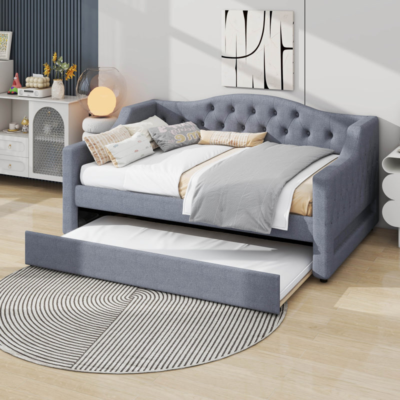 Daybed With Trundle And LED, Upholstered Linen Day Bed Frame With Tufted Button Backrest, Full XL, Gray