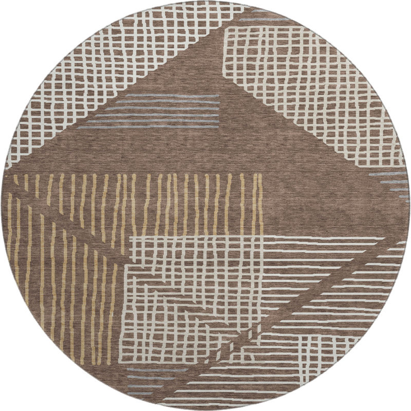 Premium Machine Washable Mayfield AMF2270 Striped Rug, 8' Round, Brown