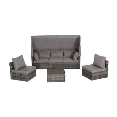 5 Pieces Outdoor Patio Wicker Daybed Furniture Set with Retractable Canopy, Storable Side Table, and Soft Cushions for Relaxing in Your Backyard or Porch