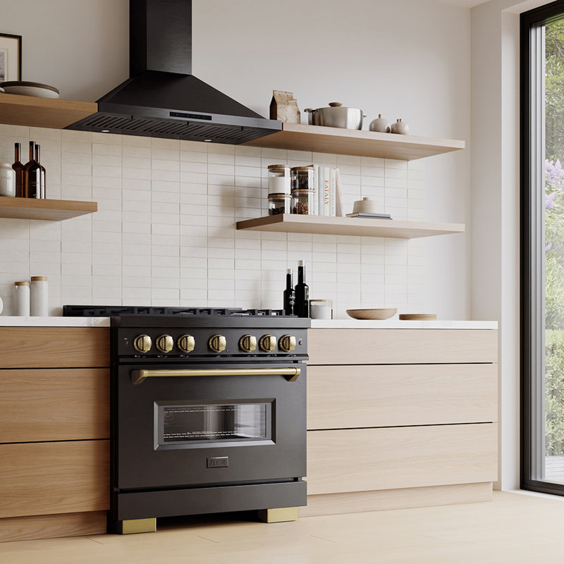 ZLINE Autograph 36 in. Classic Gas DuoPro Range in Satin Steel and Champagne Bronze Accents, Black Stainless Steel