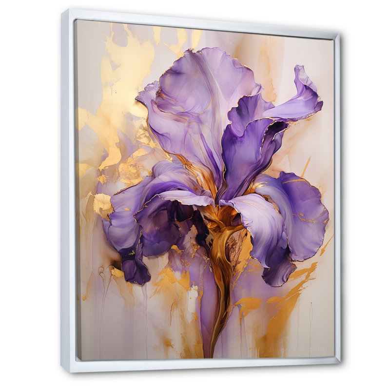 Iris doré - Rêve mauve - iris, art mural grand format, Cadre flottant blanc, H 32 po x l 16 po x P 1 po