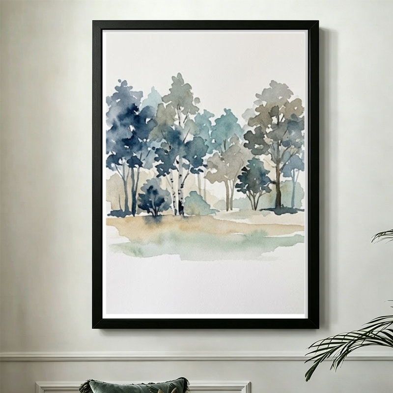 Scène de forêt moderne et abstraite: arbres dans des tons bleus et verts, style aquarelle. Toile encadrée 24 "x 36" avec cadre en bois noir