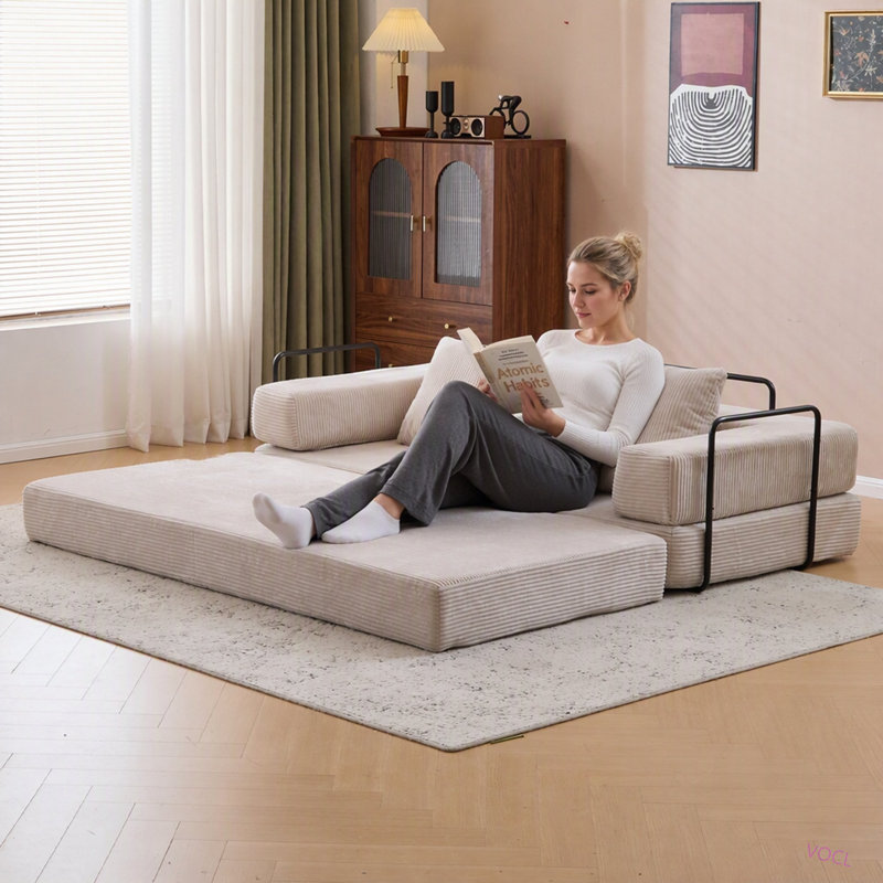 Canapé de sol convertible, canapé-lit de sol avec coussins de soutien lombaire et accoudoirs, canapé-lit futon confortable, tissu velours côtelé, pour salon et chambre.