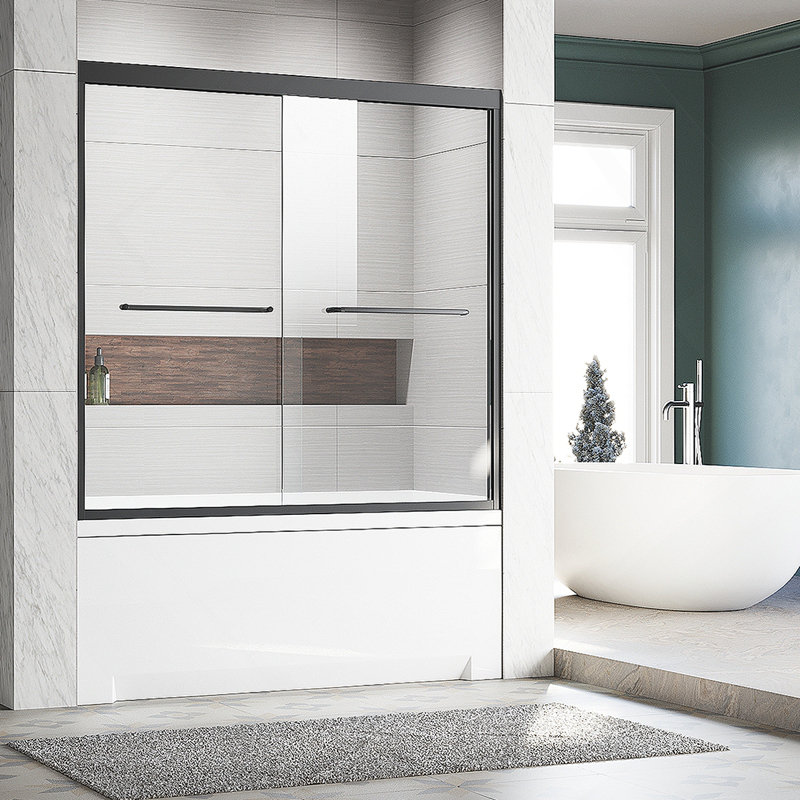 Sliding Glass Tub Door 56-60 in. W x 57 in. H, Matte Black Semi Frameless Double Bathtub Door, Certified Thick Clear Clear Tempered Glass, 304 Stainless Steel Handles.