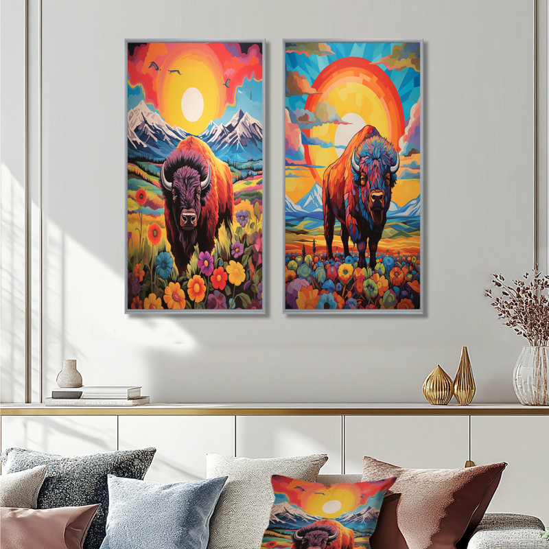 Bison dans un paysage de montagne floral au coucher du soleil I - ensemble d'art mural animalier bison / bison 2 pièces