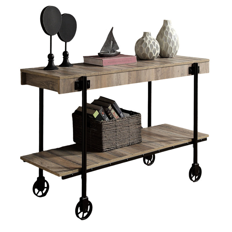 Rectangular Industrial Desk With Natural Tone Finish And Open Bottom Shelf For Office Transitional Table Replicated Wheel Legs In