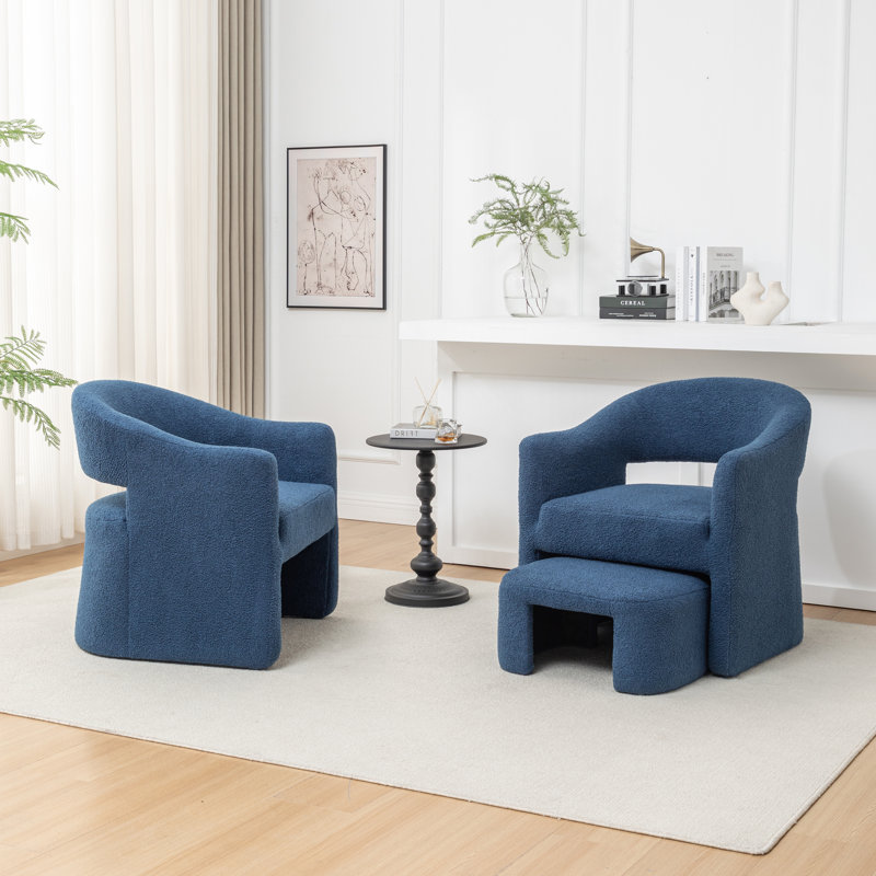 Fauteuil demi-tonneau avec repose-pieds, Fausse fourrure bleu marine