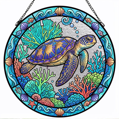 Sea Turtle Stained Glass Window Panel，7.8H
