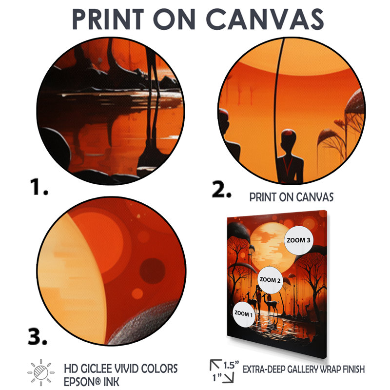 «Full Moon Simplicity Gazelles By The Pind», art mural africain, Toile tendue, H 20 po x l 12 po x P 1 po