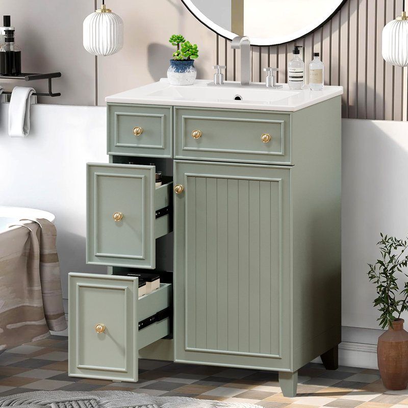 Meuble-lavabo 24 po avec lavabo en céramique, Vert / doré