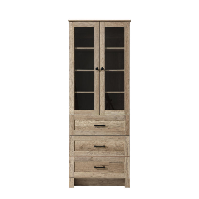 24 Inch Bath Storage Glass Cabinet  in Natural Oak, 65" H x 24" W x 65" D, Natural Oak
