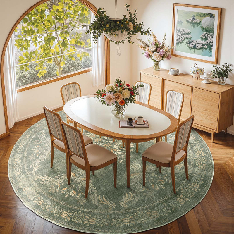 Vintage Floral Distressed Design Non-Slip Low-Pile Soft Thin Faux Wool Area Rug, Round 7'