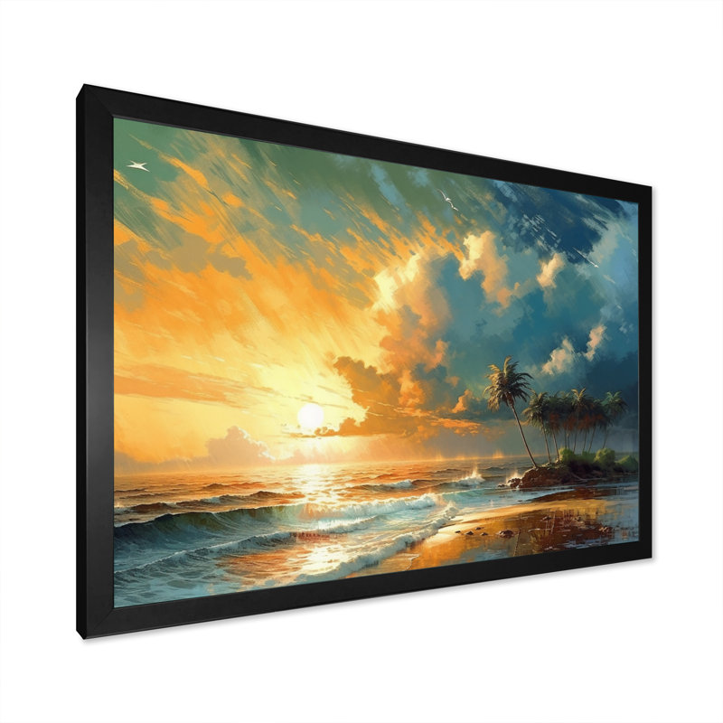 «Yellow and Blue Coastal Escapes», reproduction d'art mural plage, H 16 po x l 32 po x P 1 po, Cadre noir