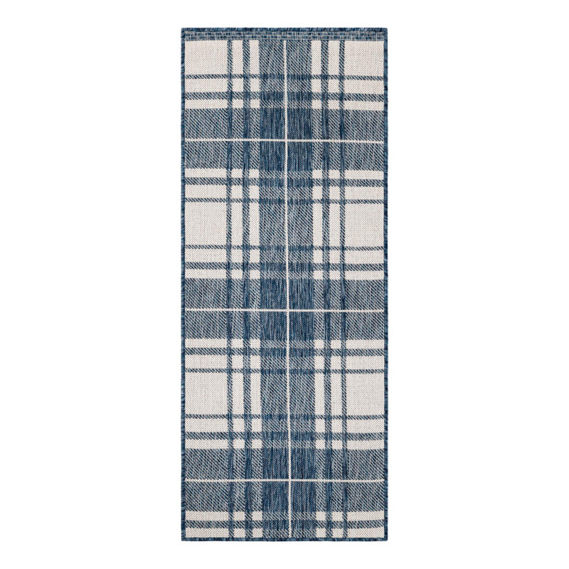 Tapis bleu / blanc en polypropylène tissé à la machine Tereon, Tapis de couloir 2 pi x 5 pi 1 po