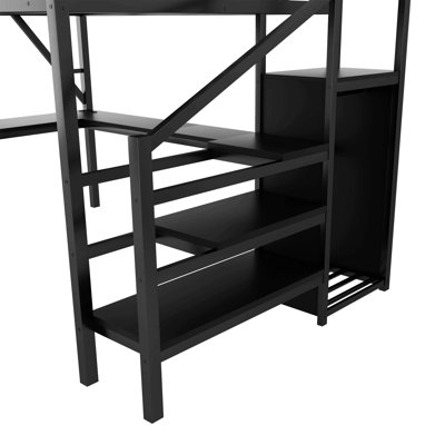 Lit mezzanine en métal avec armoire et éclairage DEL, lit mezzanine avec bureau en L et port USB