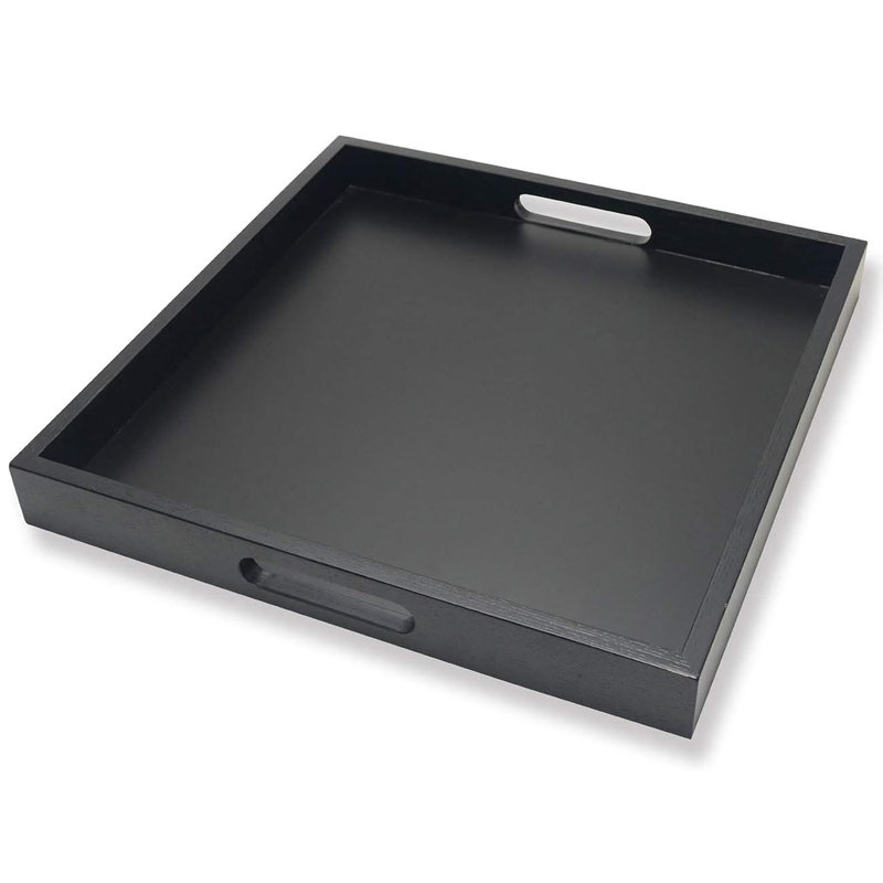 Black Square Acacia Wood Serving Tray with Handle, 16x16 Inches Decorative Tray for Ottoman & Home Use