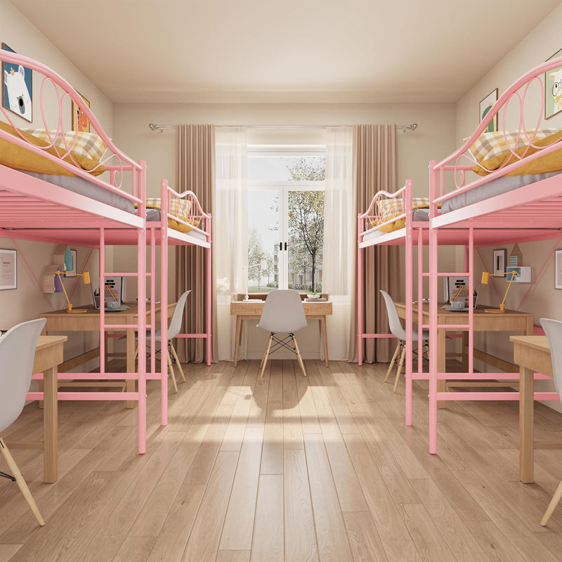 Structure de lit mezzanine robuste, échelle incluse, barrière de sécurité complète, capacité en métal, peu encombrante, Pink