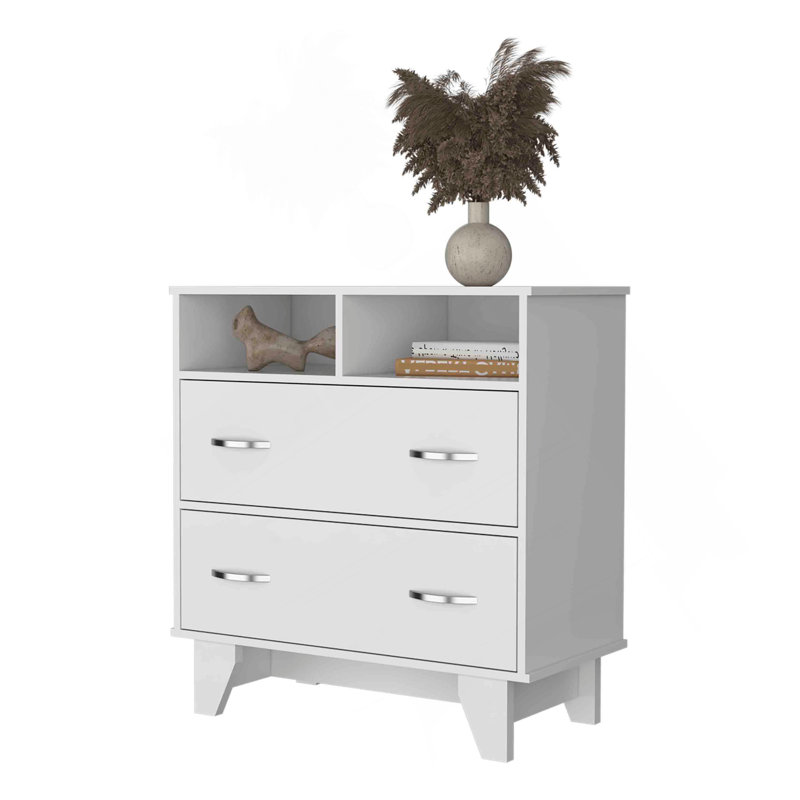 Portobelo Two Drawer Dresser, Two Shelves, Top, Four Legs, White