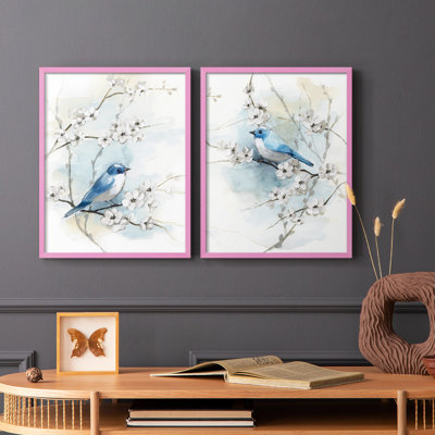 «Blossoms and Bluebird I», reproduction encadrée de qualité supérieure - prête à être accrochée - aucun clou requis - aucun clou requis