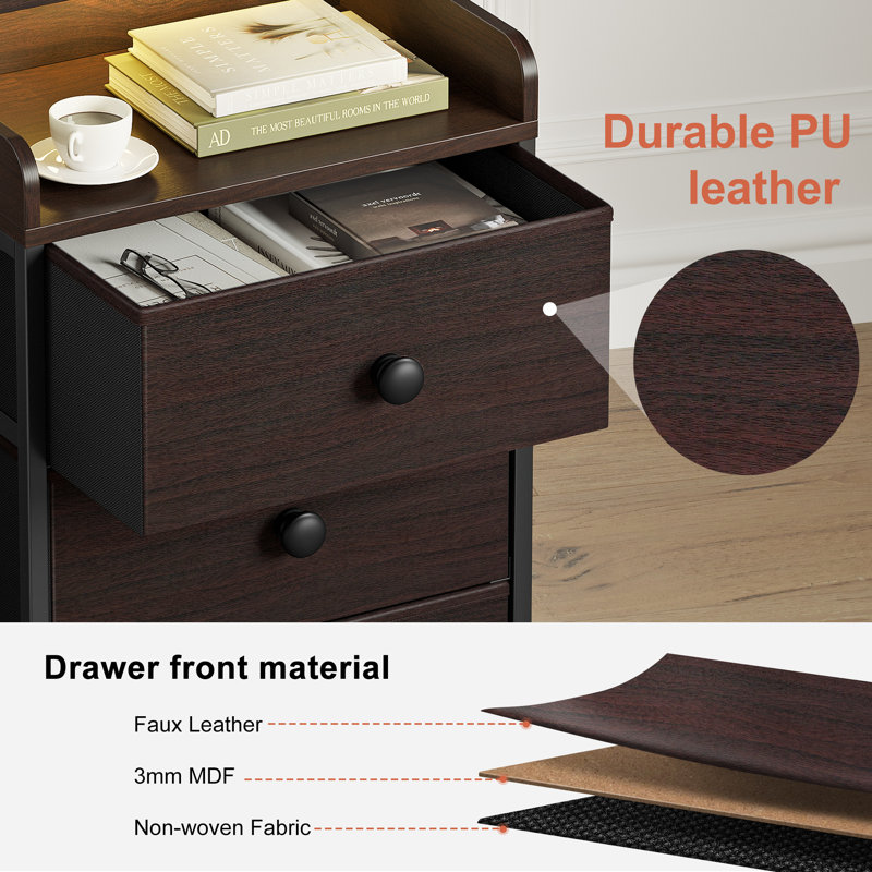 Sereena Nightstand With Outlets & LED Lights, End Table With3 Drawers & 2-Tier Open Shelf, Bedside Table For Bedroom, Brown