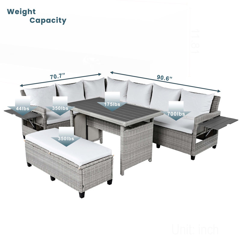 5-Piece Outdoor Patio Rattan Sofa Set, Sectional PE Wicker L-Shaped Garden Furniture Set with 2 Extendable Side Tables, Dining Table and Washable Covers for Backyard, Poolside, Indoor