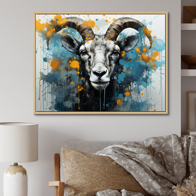 «Blue Yellow Goat Blooms Portrait», art mural animal de chèvre