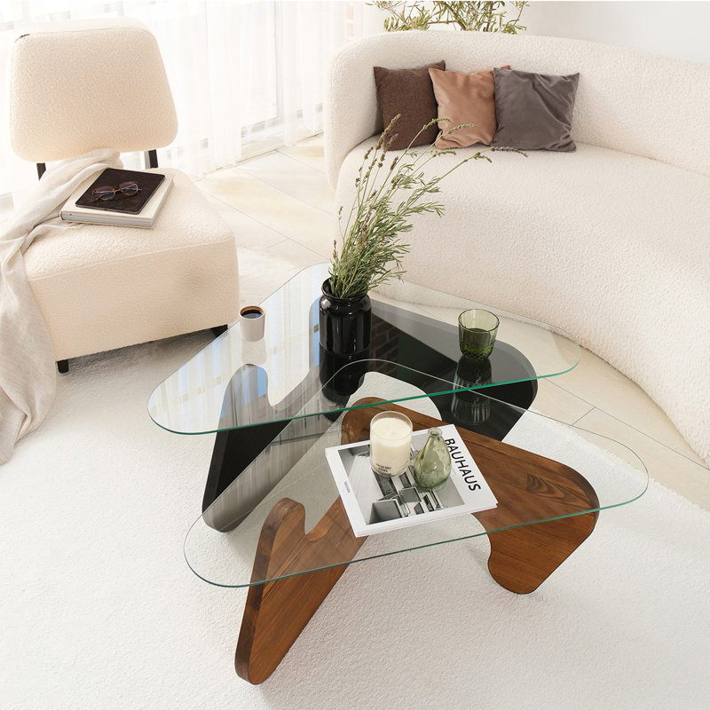 Modern Nesting Table Set (2 Pieces), Black & Chestnut, 37.0 x 15.4 x 28.3 inches & 33.9 x 14.2 x 24.0 inches | 100% Tempered Glass Top, 100% Pine Solid Wood Frame | Stylish Compact Design for Home & Office Use