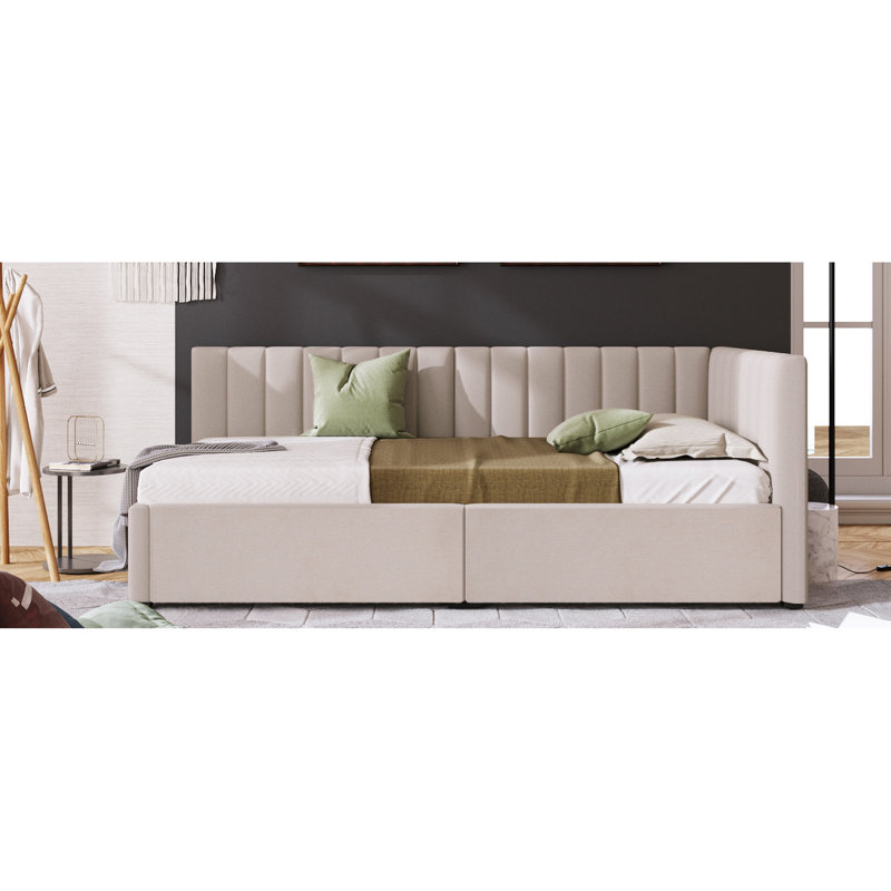 Twin Size Upholstered Daybed With 2 Storage Spaces In Beige Linen - No Box Spring, Versatile Bedroom Furniture Option Areas, Create A Relaxing Atmosphere