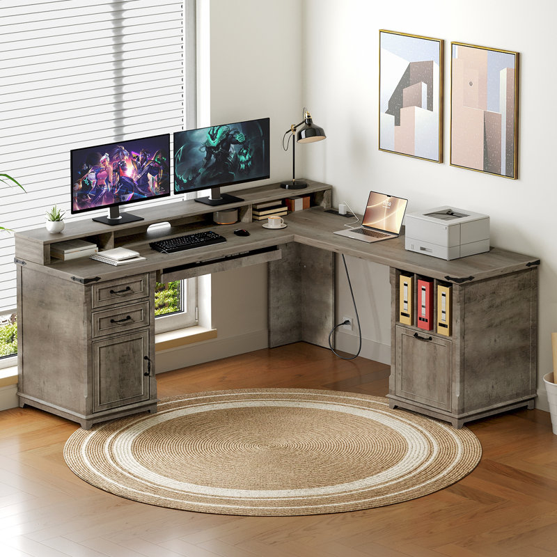  Farmhouse 69" L Shaped Executive Desk with Drawers, Home Office Computer Desk with Charging Station & Monitor Stand, Modern Industrial Corner Desk