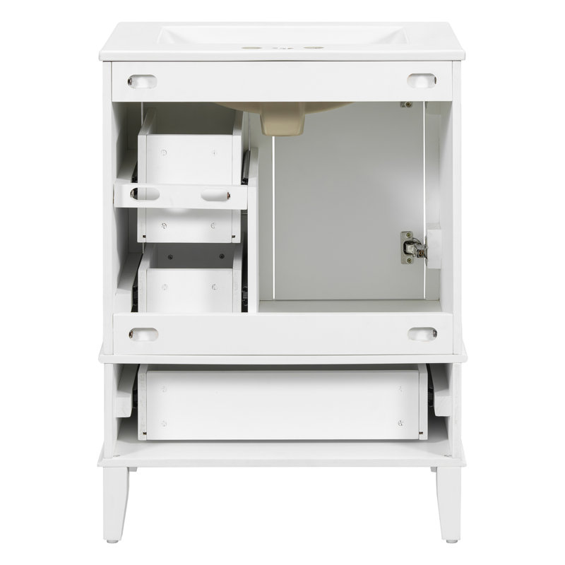 Meuble-lavabo de 24,8 po avec lavabo en céramique, armoire autoportante moderne avec porte à fermeture en douceur, tiroir profond, tiroir peu profond et tiroir large pour un rangement peu encombrant