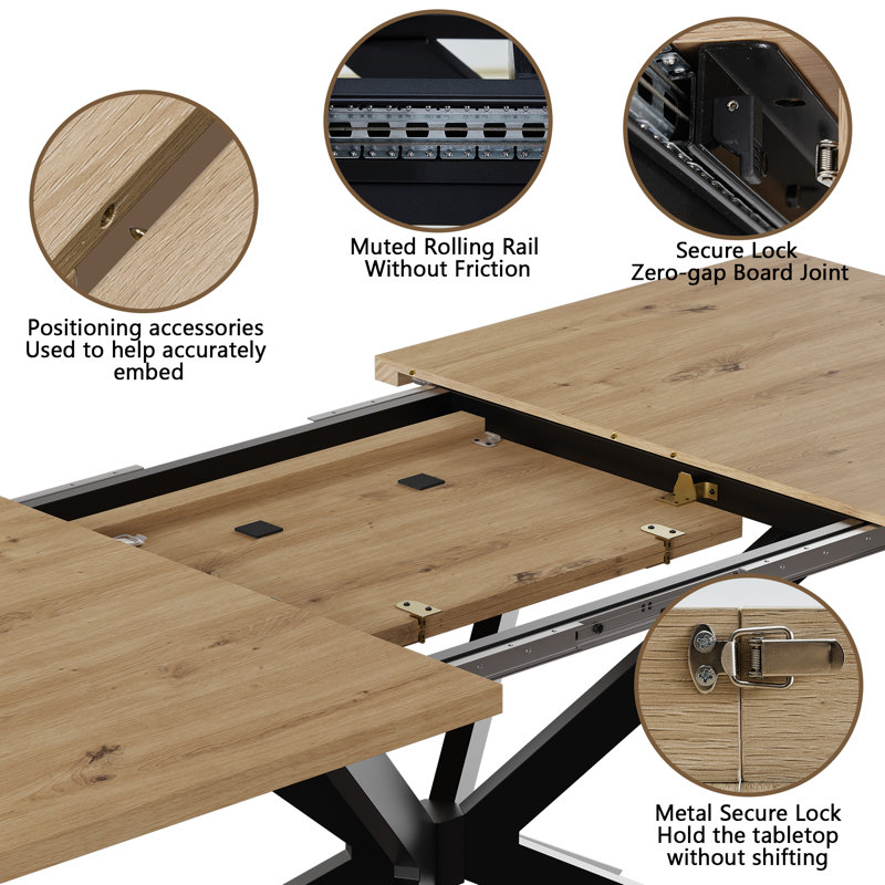 Averni 55.1”-70.7”or 78.7” W Extendable  Rectangular Dining Table with Metal Leg For 6-10 Seat, Walnut Vertical Grain