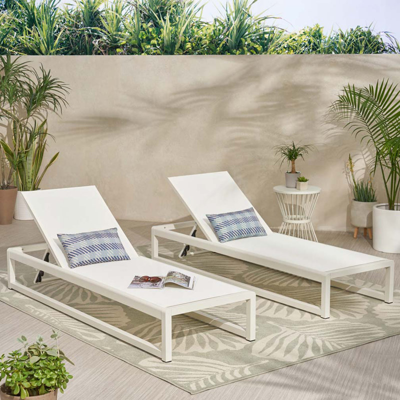 Harper 77" Long Reclining Chaise Lounge Set, White/White