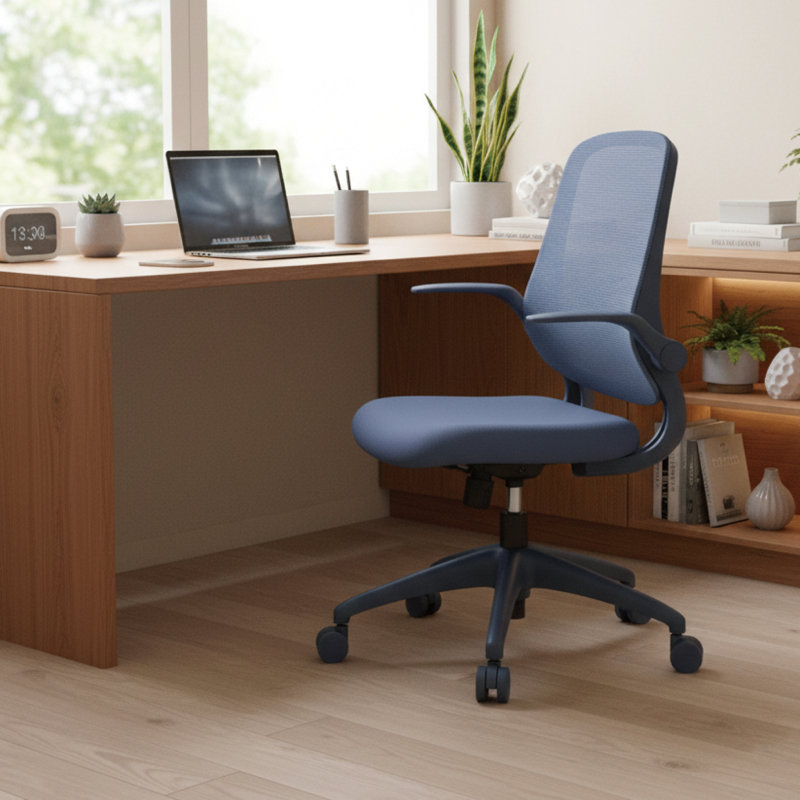 Chaise de bureau ergonomique 350LBS, siège social, dossier en filet, mousse moulée intégrée, assise confortable, accoudoir rabattable, chaise multifonctionnelle ignifuge, rotative et relevable (bleu)