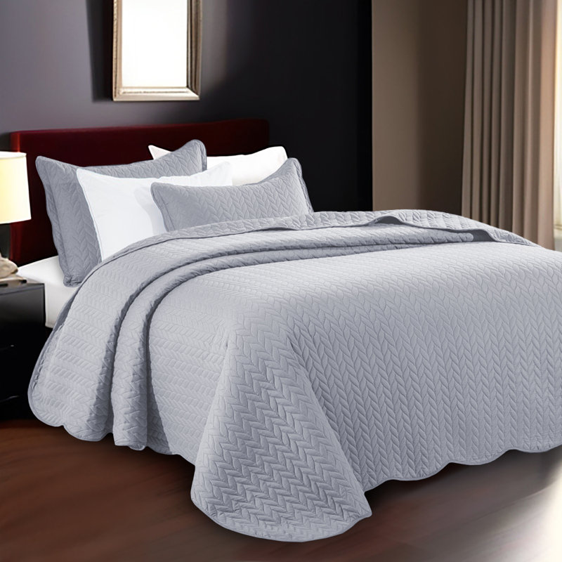 Microfiber Embossed Oversized Modern & Contemporary Bedspread Set With Shams, Silver, Full Bedspread + 2 Pillowcases