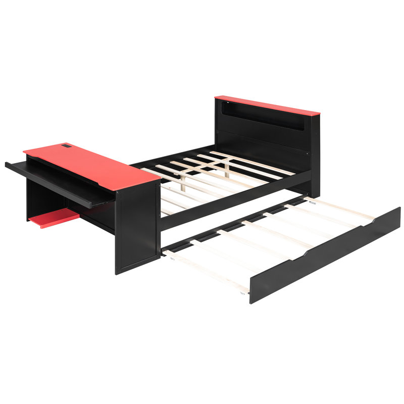 Lit double avec lit gigogne, bureau, DEL, noir et rouge, lit de jour en bois à configuration contrôlée, peu encombrante et d'étude