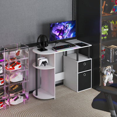 Computer Desk with Keyboard Tray & Open Shelves for Compact Home Office, White/Black