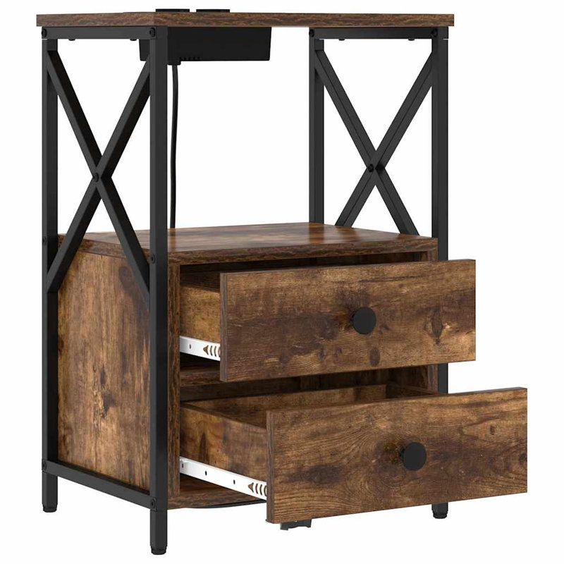 Bedside Cabinet With Charging Station With Drawer, Smoked Oak