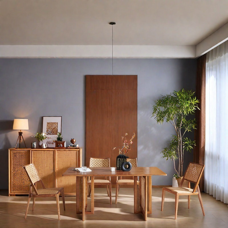 Ensemble de table de salle à manger simple en bois massif tissé en rotin., H 29,13 po x L 70,87 po x l 31,5 po