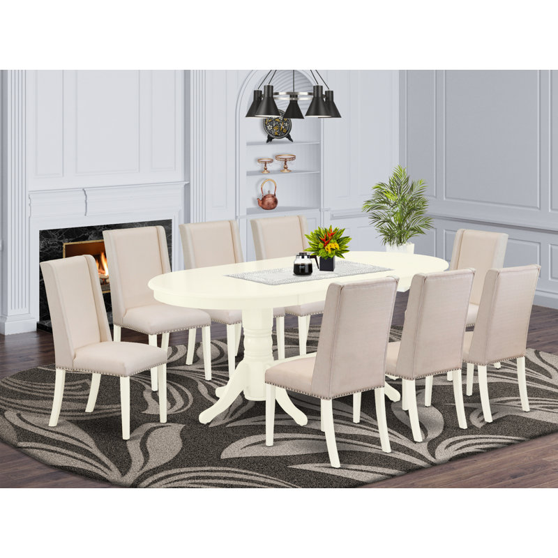 9 Piece Kitchen Table Set Includes an Oval Dining Table with Butterfly Leaf and 8 Cream Linen Fabric Parson Dining Room Chairs, Linen White 
